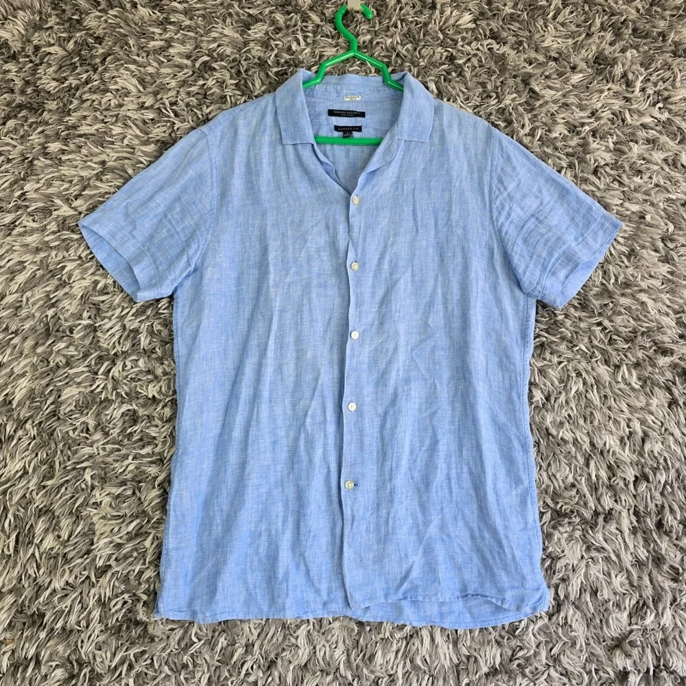 Banana Republic Mens Camden Fit 100% Linen Short Sleeve Button Up Shirt Blue S